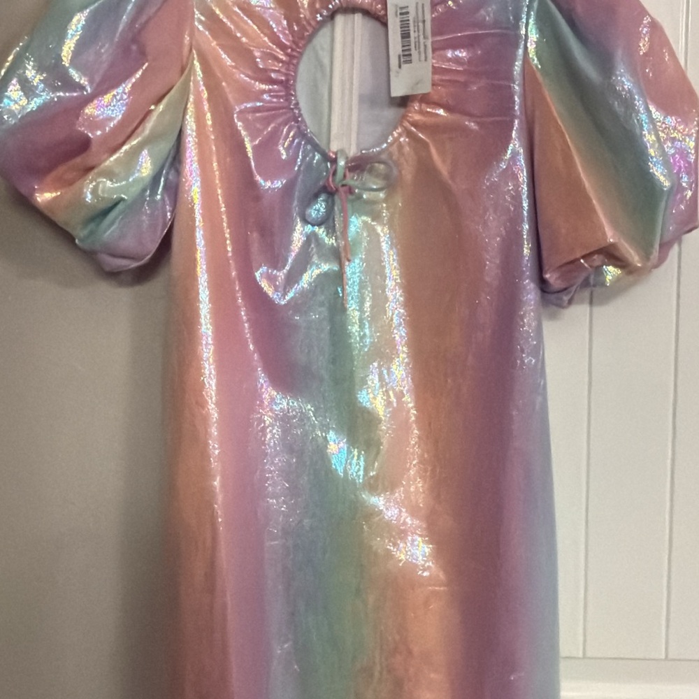 Queen of Sparkle Rainbow Leather Keyhole Dress-Iridescent Puff Sleeve Dress